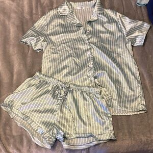 Elegant Mint Striped Satin Pajama Set